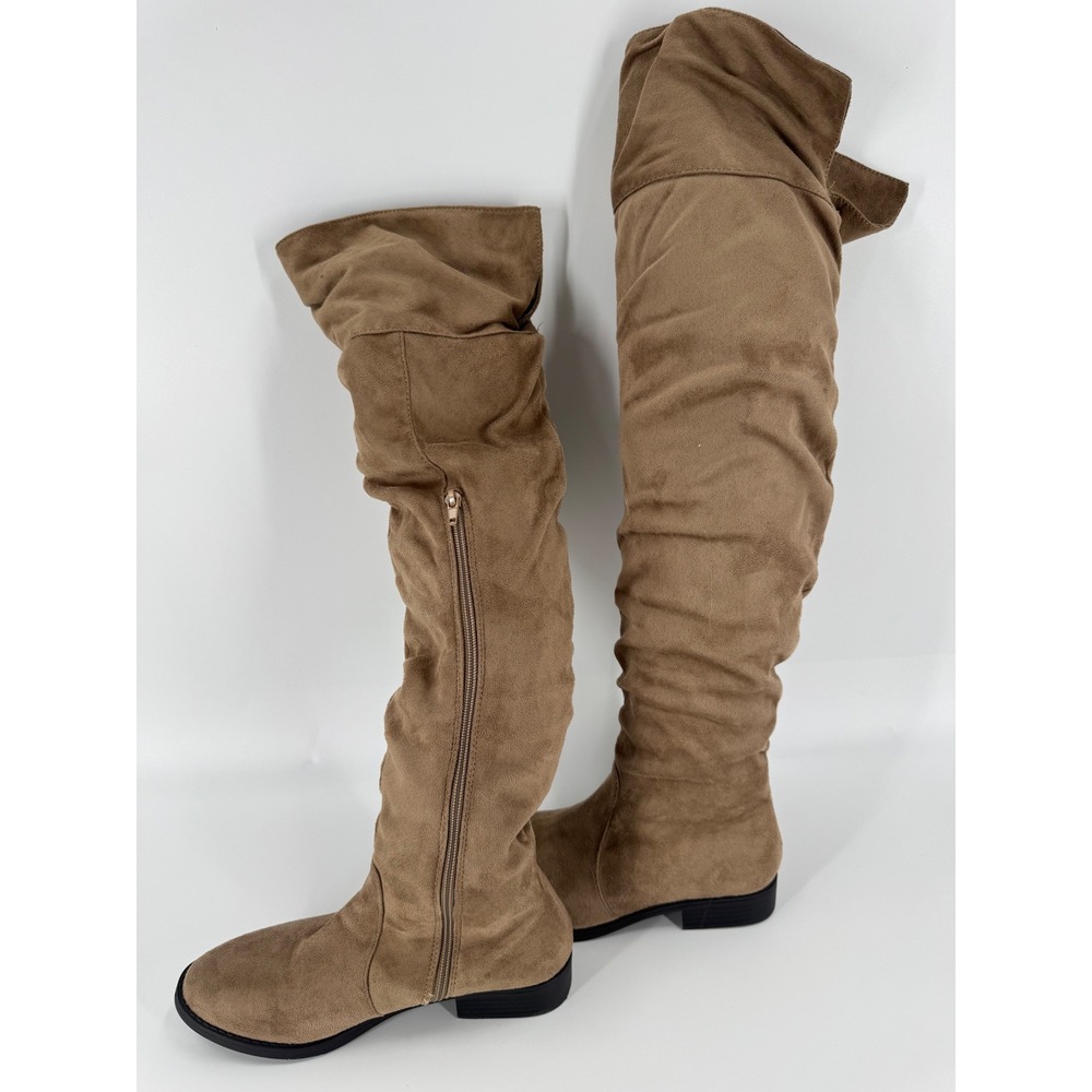 Bella Marie Women's Taupe Suede Over The Knee Boots Side Zip Flat Heel Size 7